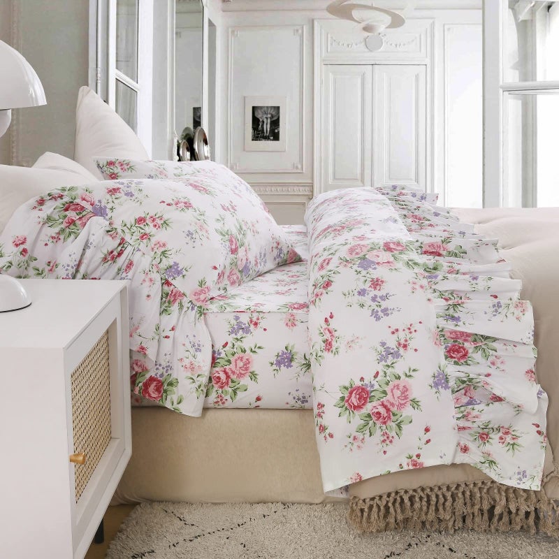 QSH Queen's House Romantic Roses Floral Bed Sheet Sets 4-Piece Shabby Vintage Chic Bedding French Country Ruffle Sheets Deep Pocket Set Queen Size-Style L - Image 2